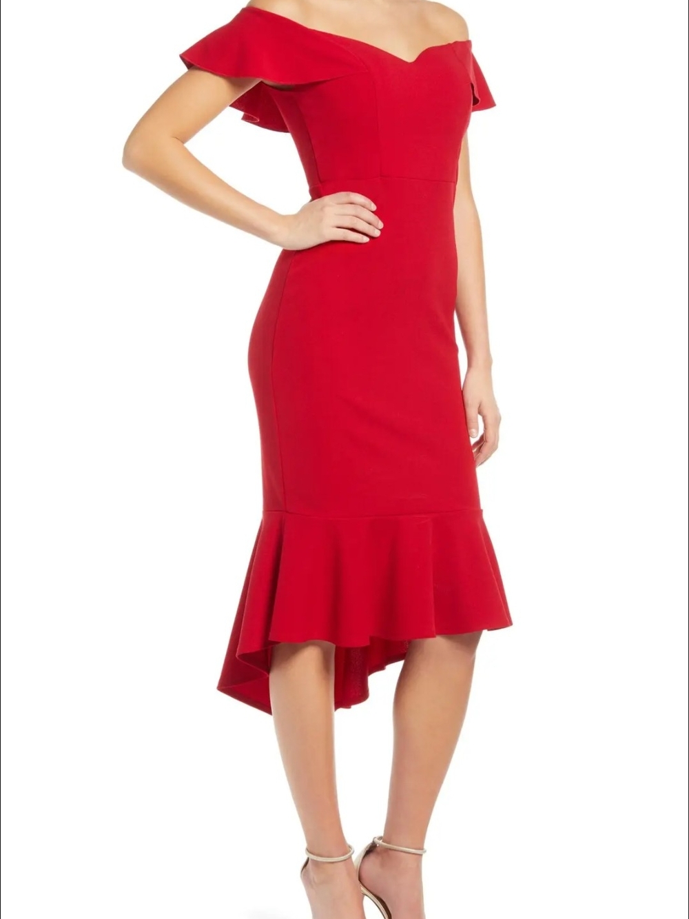 Emerald Sundae Red One-Shoulder Ruffle-Hem Dress